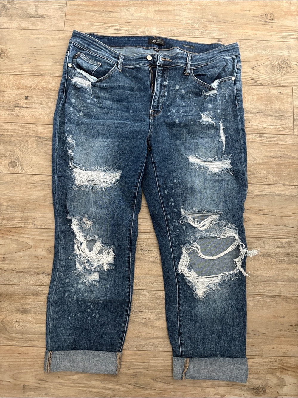 Judy Blue Distressed Dark Blue Boyfriend Jeans with Rolled Cuffs